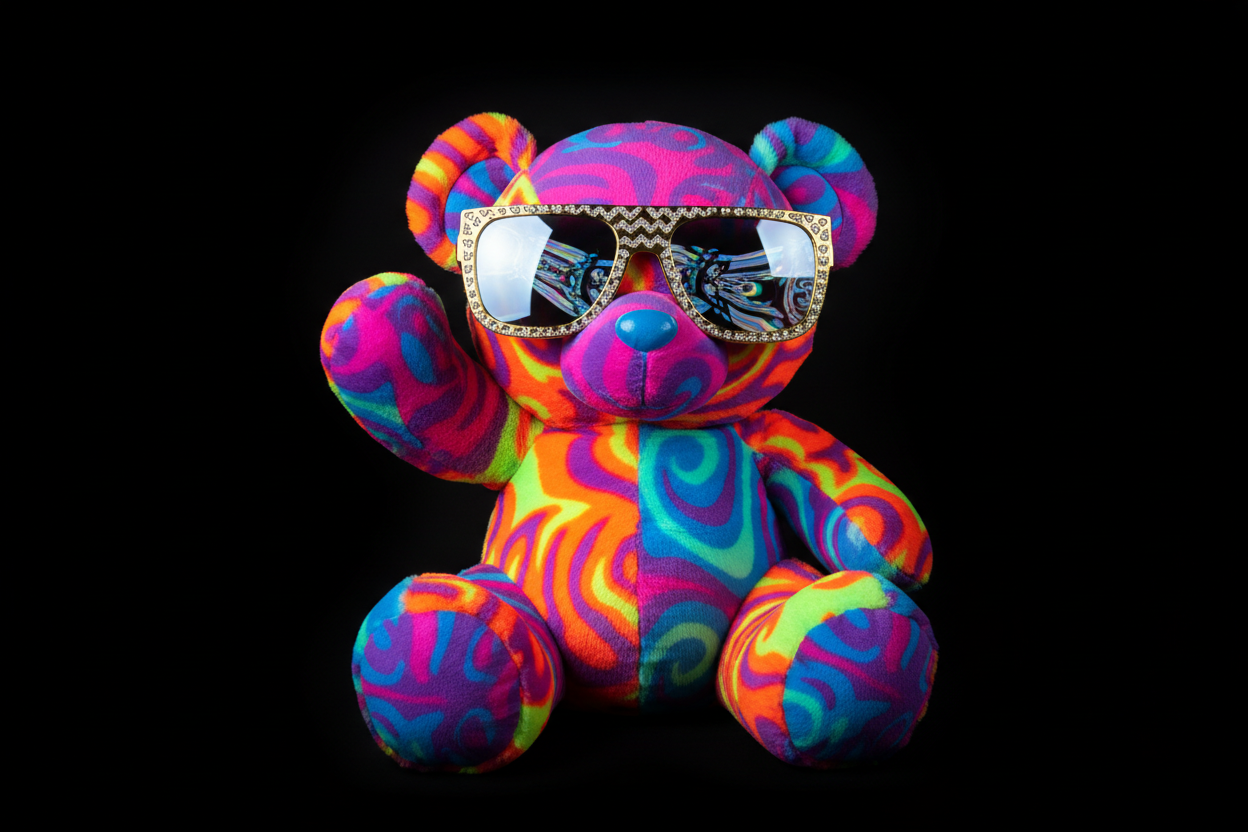 Fond noir avec un gros nounouse multicor flashi et des linette de soleil